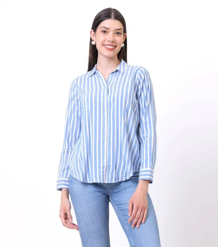 Women Comfort Fit Fit Striped Double Collar Casual Shirt